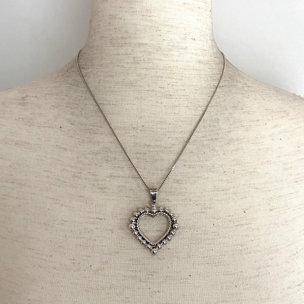 Sterling Silver 925 Beaded Open Heart Pendant Necklace 18" Box Chain - Picture 2 of 16